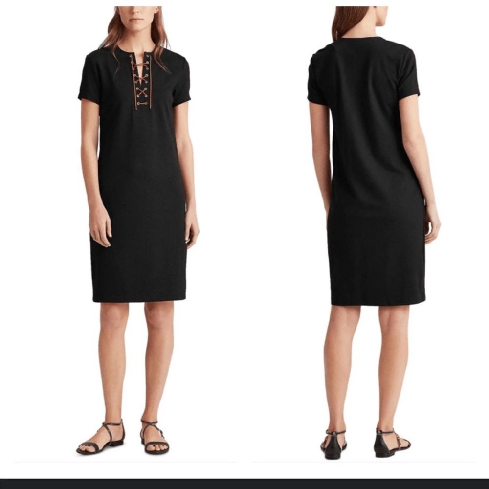 RALPH LAUREN | black short sleeve dress with Tan Lace-Up Detail